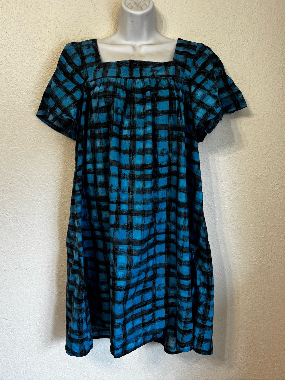 That’s Sew Me Blue & Black Plaid Muumuu House Dress Square Neck Size Large